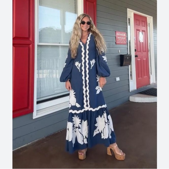 FARM Rio Dresses & Skirts - Farm Rio Dress Embroidered Flounce Maxi in Blue